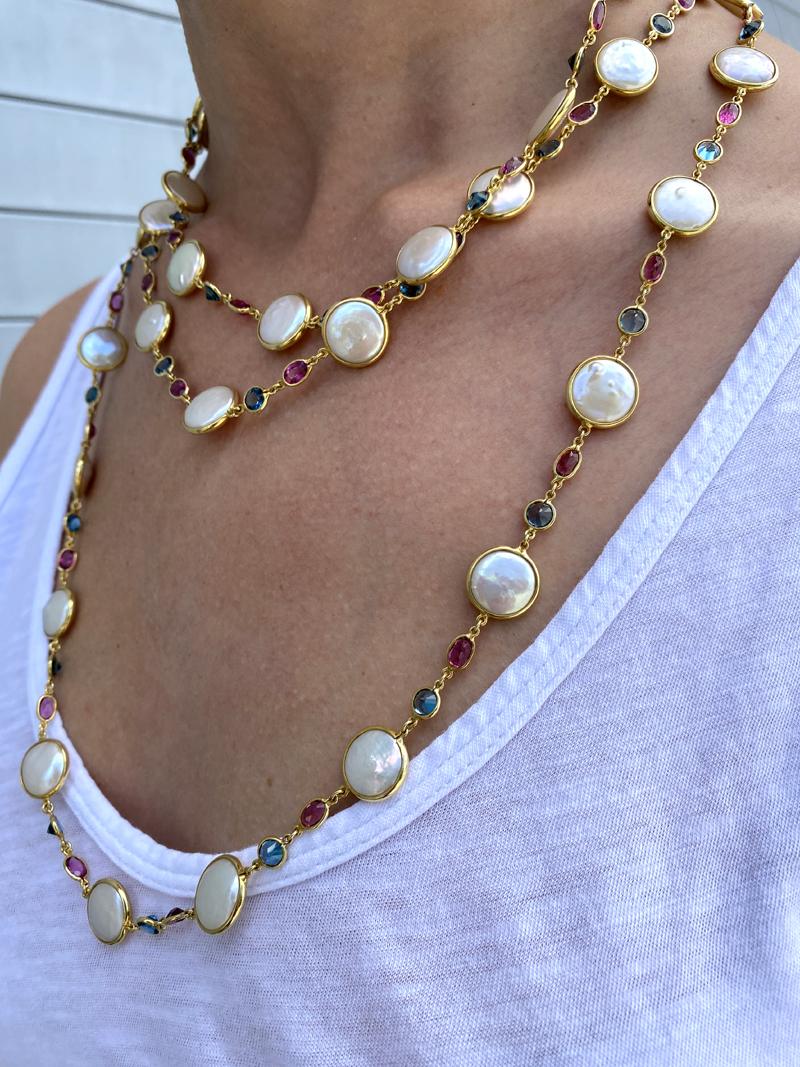 18 Karat Yellow Gold Coin Pearl Blue Topaz and Pink Tourmaline Necklace For Sale 5