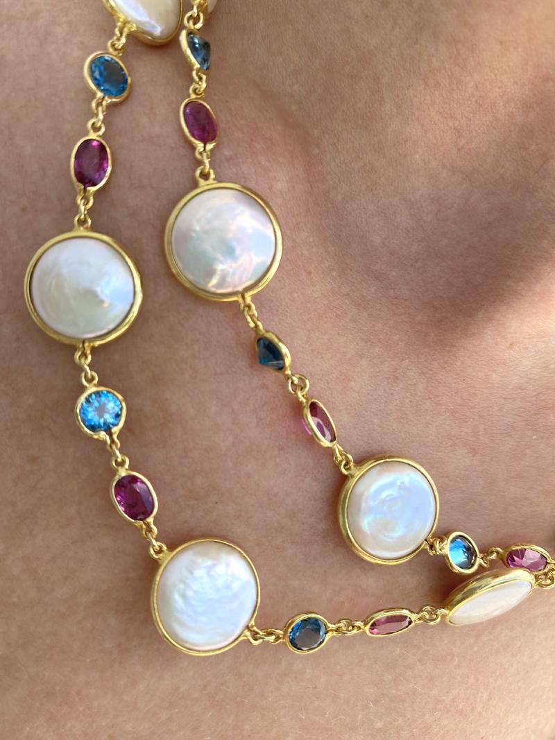 18 Karat Yellow Gold Coin Pearl Blue Topaz and Pink Tourmaline Necklace For Sale 3