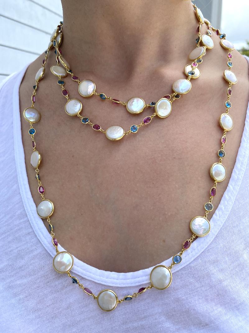 18 Karat Yellow Gold Coin Pearl Blue Topaz and Pink Tourmaline Necklace For Sale 4