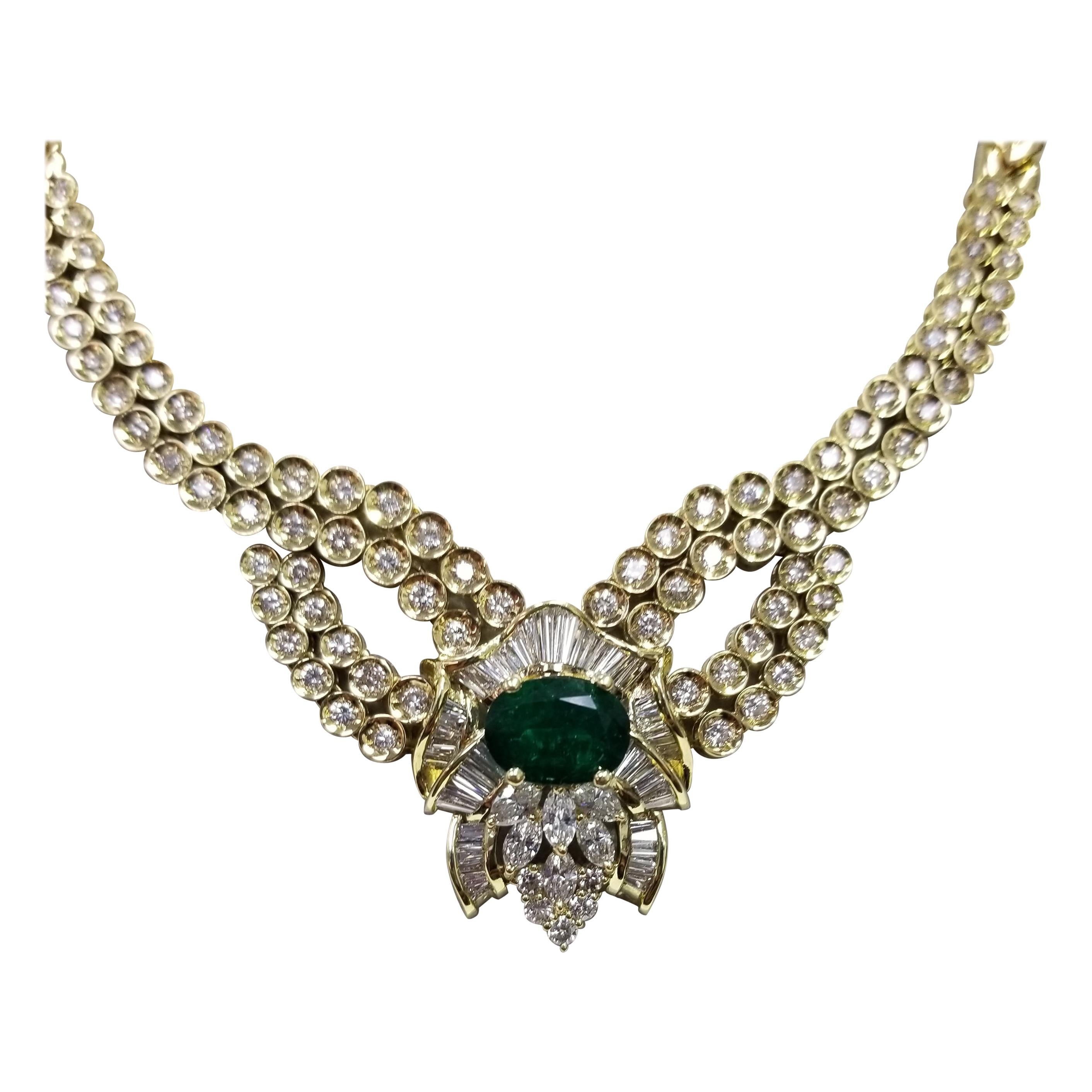 18 Karat Yellow Gold Colombian Emerald and Diamond Necklace