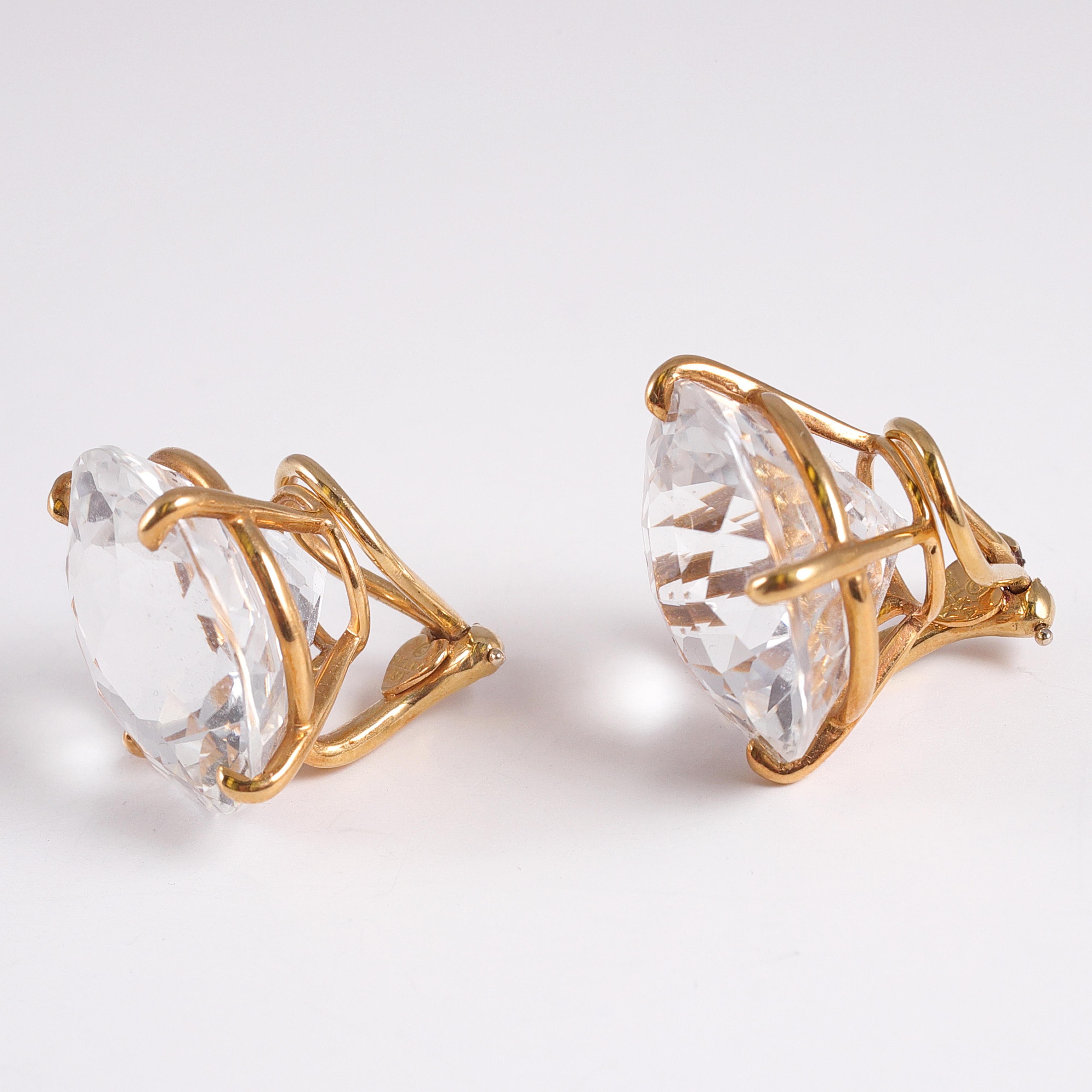 Fabulous!! Bold 20.00 mm, colorless quartz clip-on earrings in 18 Karat yellow gold.  