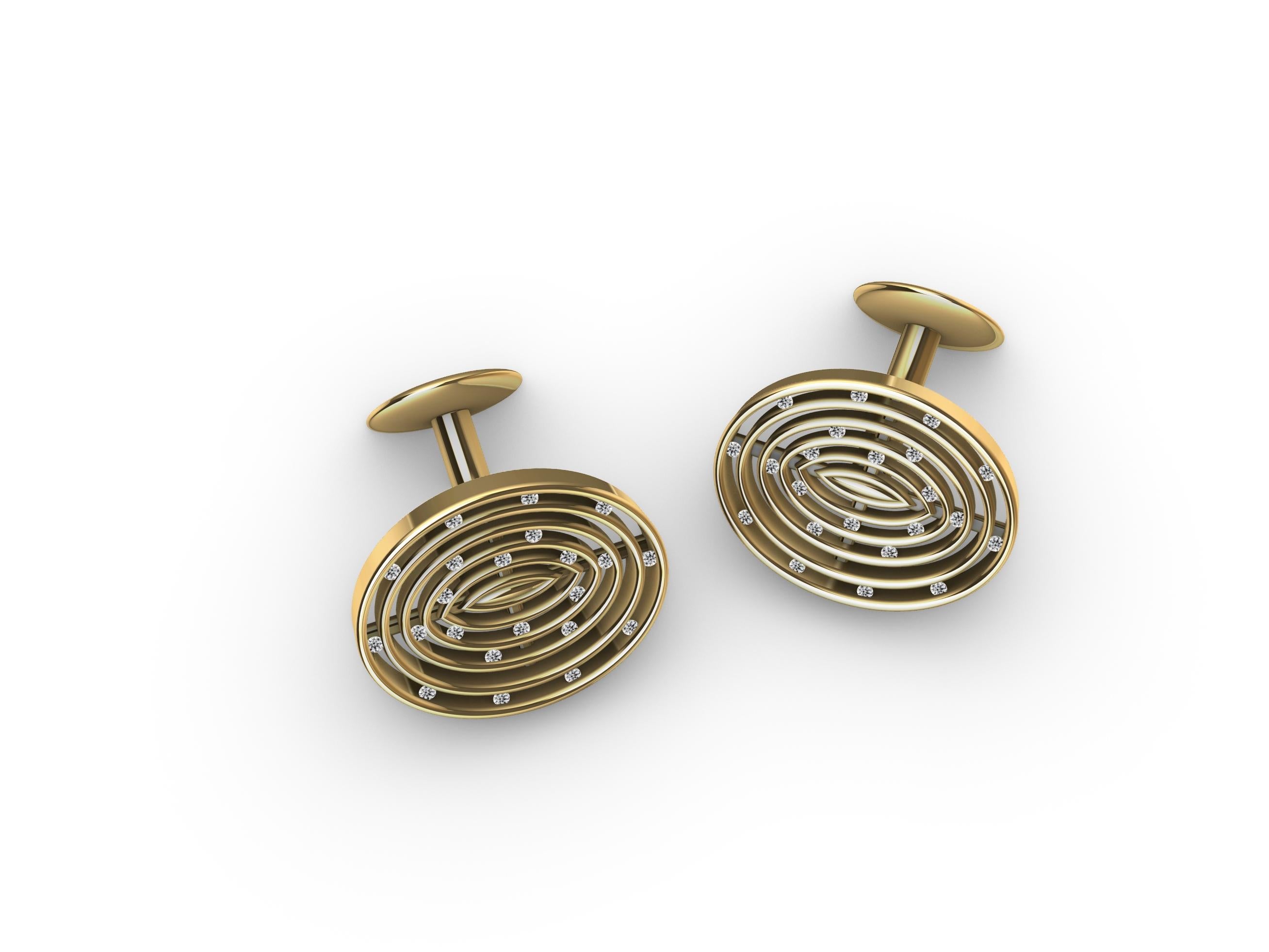 18 Karat Yellow Gold Concave Diamonds Cuff Links From the optical cufflinks series. Open Air Series, Inspired by light and air, these cufflinks keeps it interesting. Consider it a sculpture for your shirt cuffs. Simple and subtle changes on the top