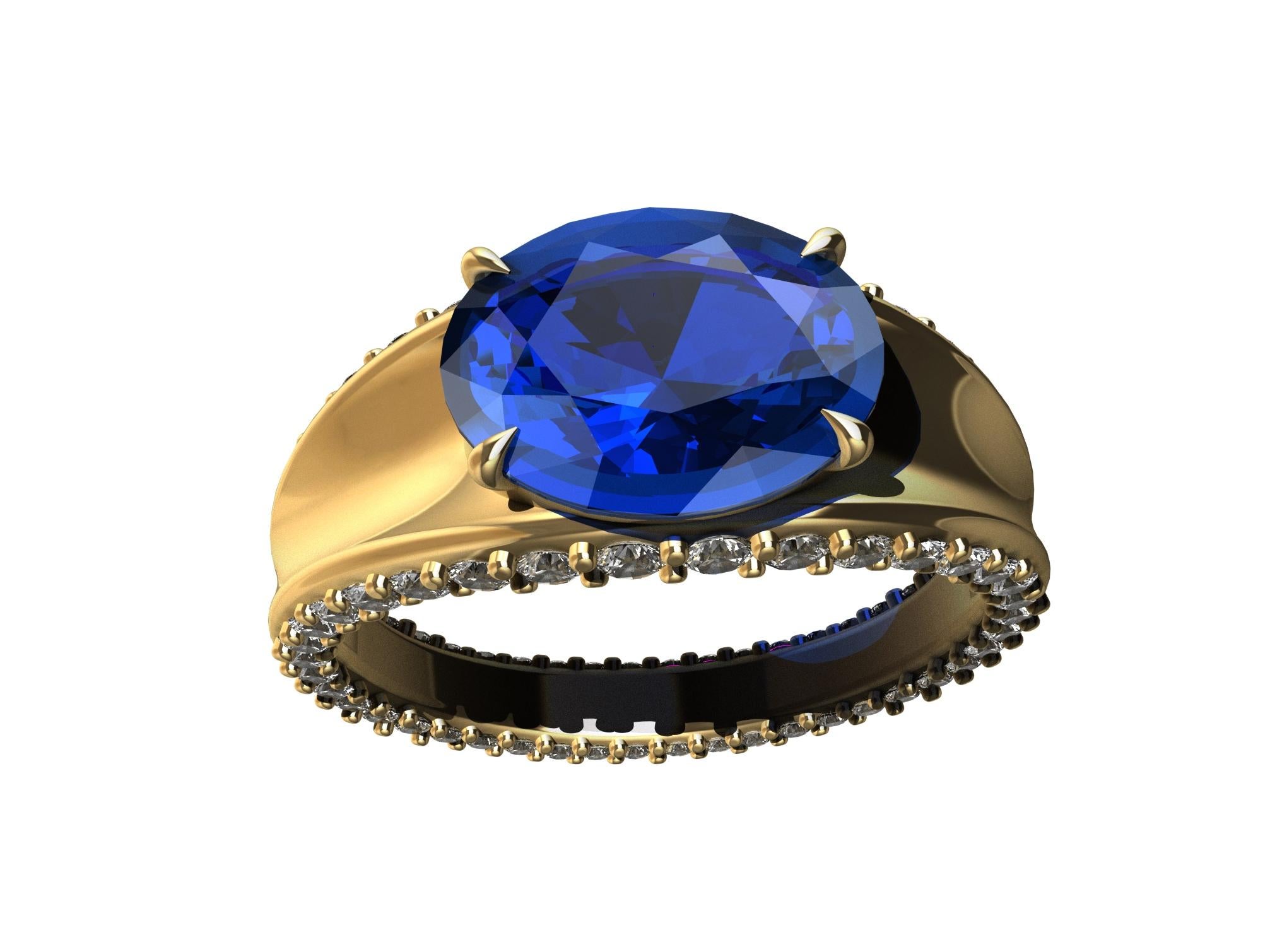 For Sale:  18 Karat Yellow Gold  Concave Sapphire and diamonds Ring 4
