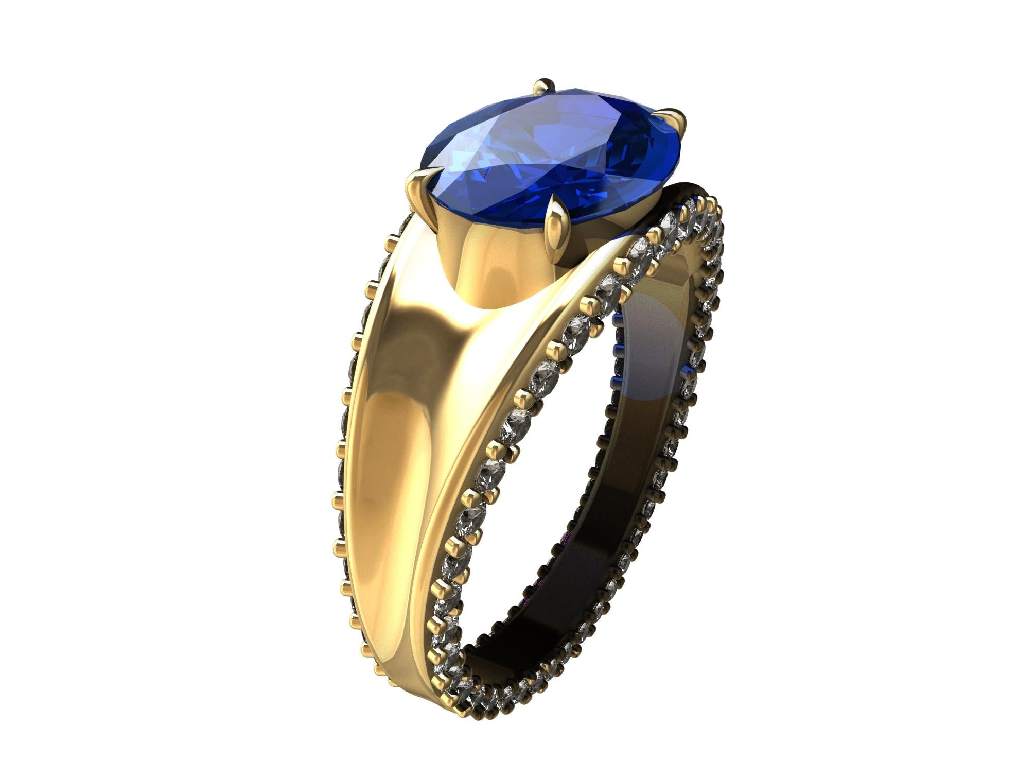 For Sale:  18 Karat Yellow Gold  Concave Sapphire and diamonds Ring 5