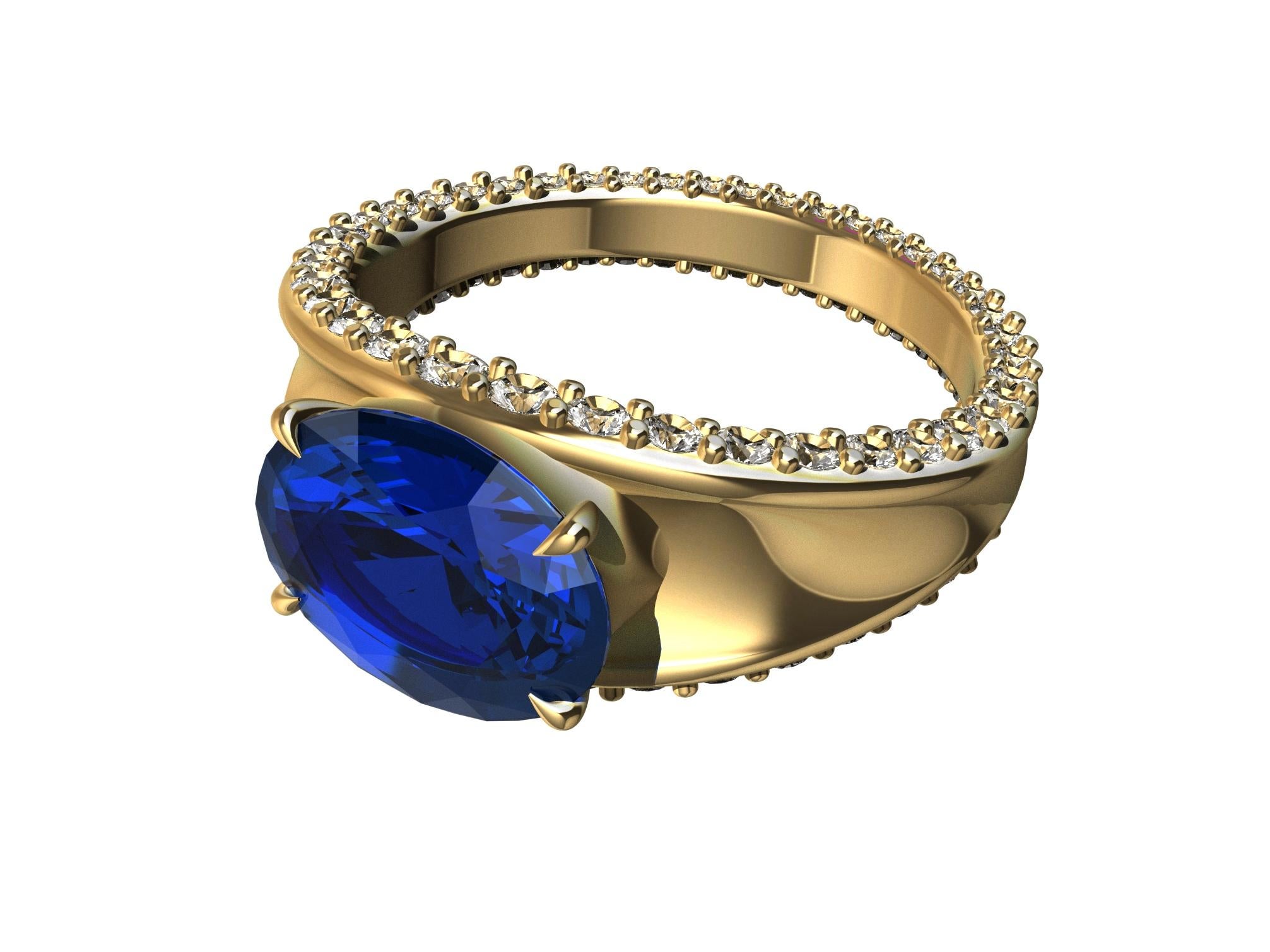 For Sale:  18 Karat Yellow Gold  Concave Sapphire and diamonds Ring 6