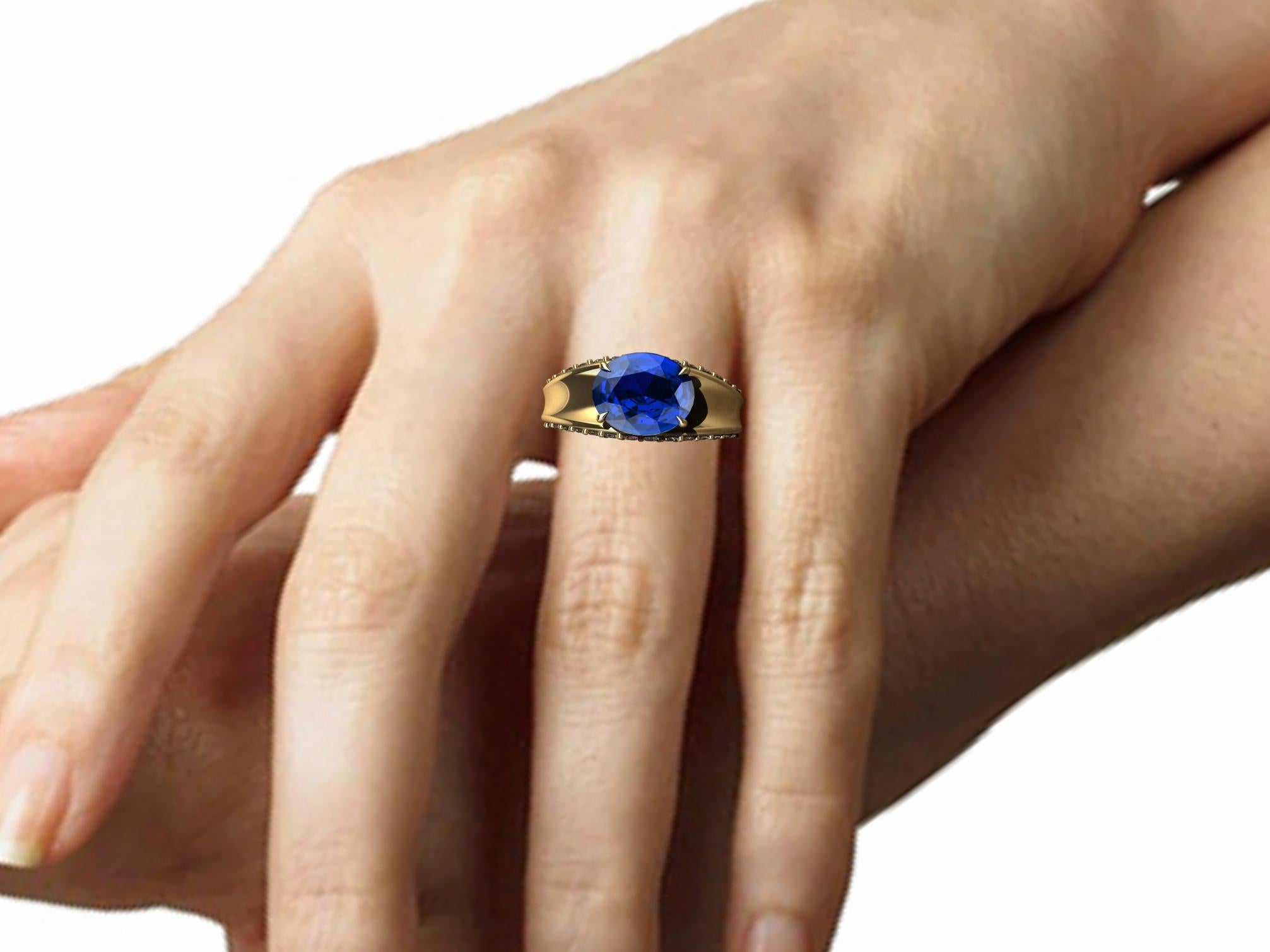 For Sale:  18 Karat Yellow Gold  Concave Sapphire and diamonds Ring 7