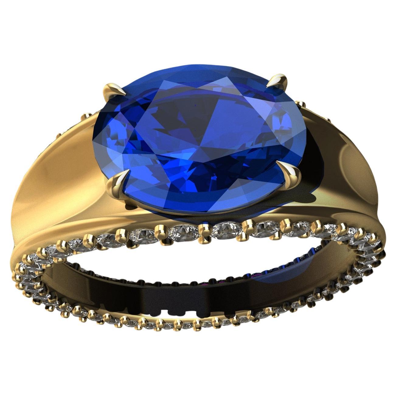 For Sale:  18 Karat Yellow Gold  Concave Sapphire and diamonds Ring