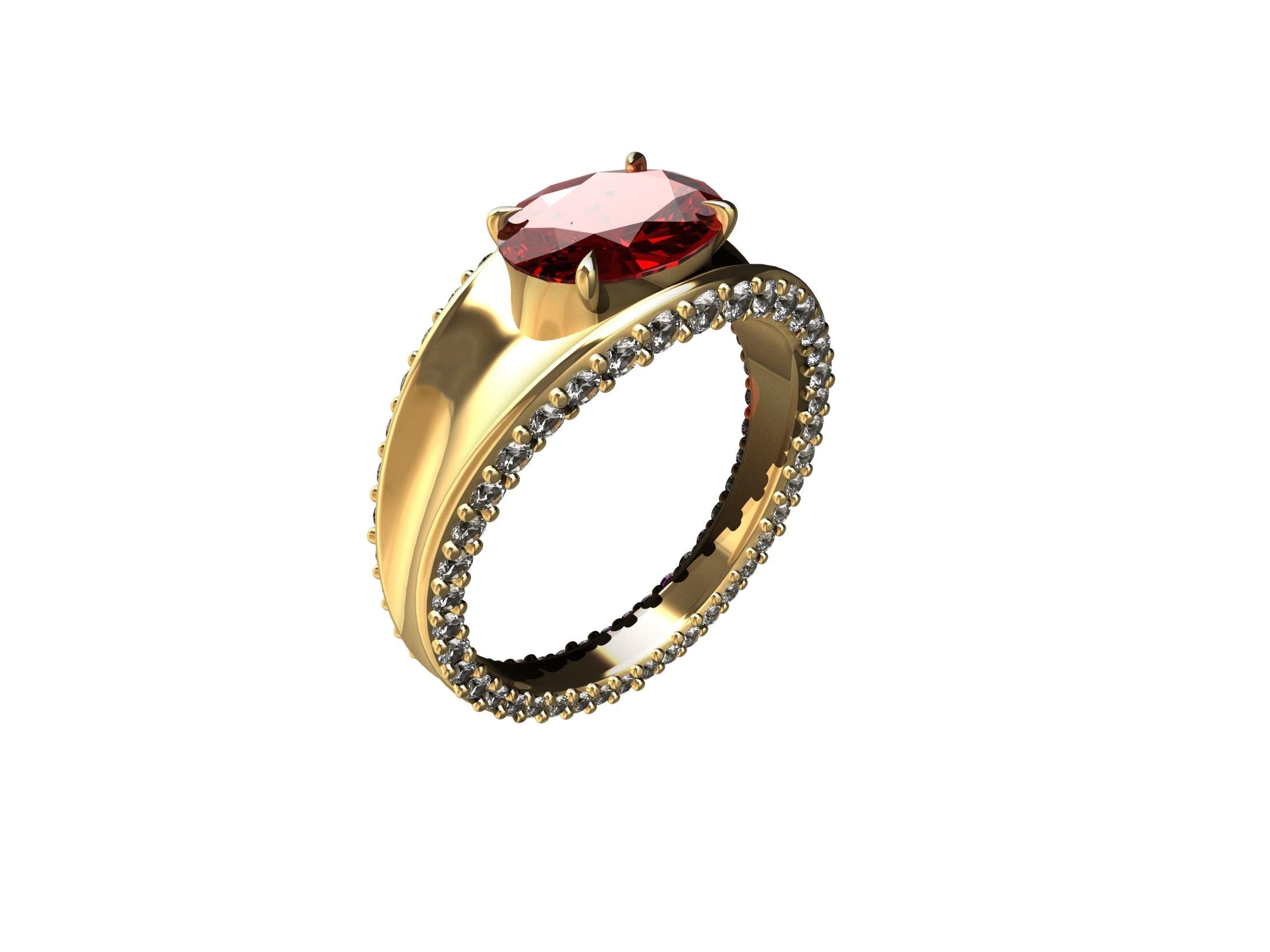 For Sale:  18 Karat Yellow Gold Concave Tapered GIA 2.2 Carat  Ruby and Diamonds Ring 2
