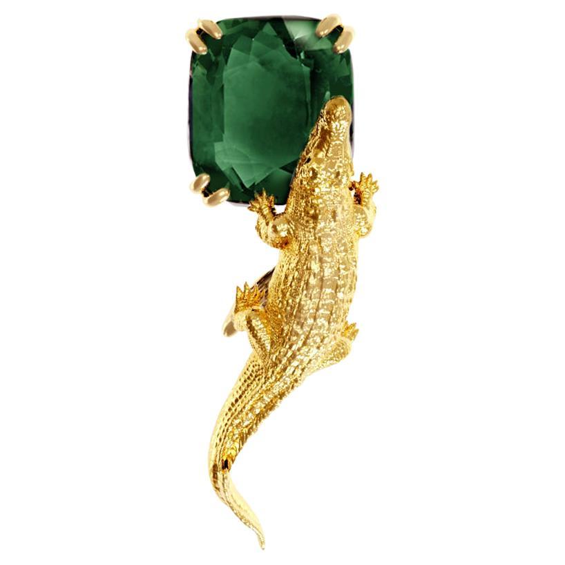 Eighteen Karat Yellow Gold Nature Morte Style Brooch with Green Tourmaline For Sale