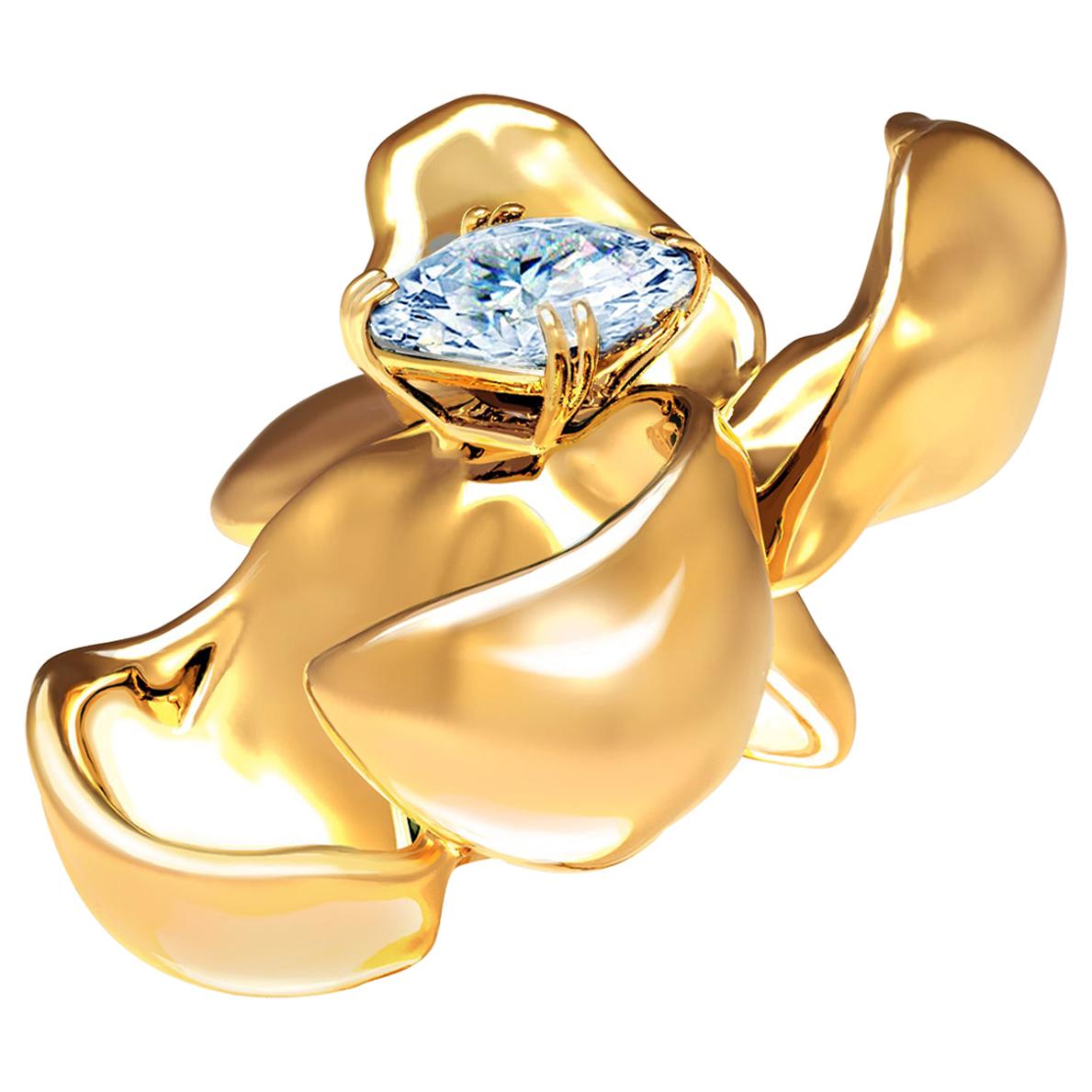Eighteen Karat Yellow Gold Contemporary Brooch with Light Blue Sapphire For Sale