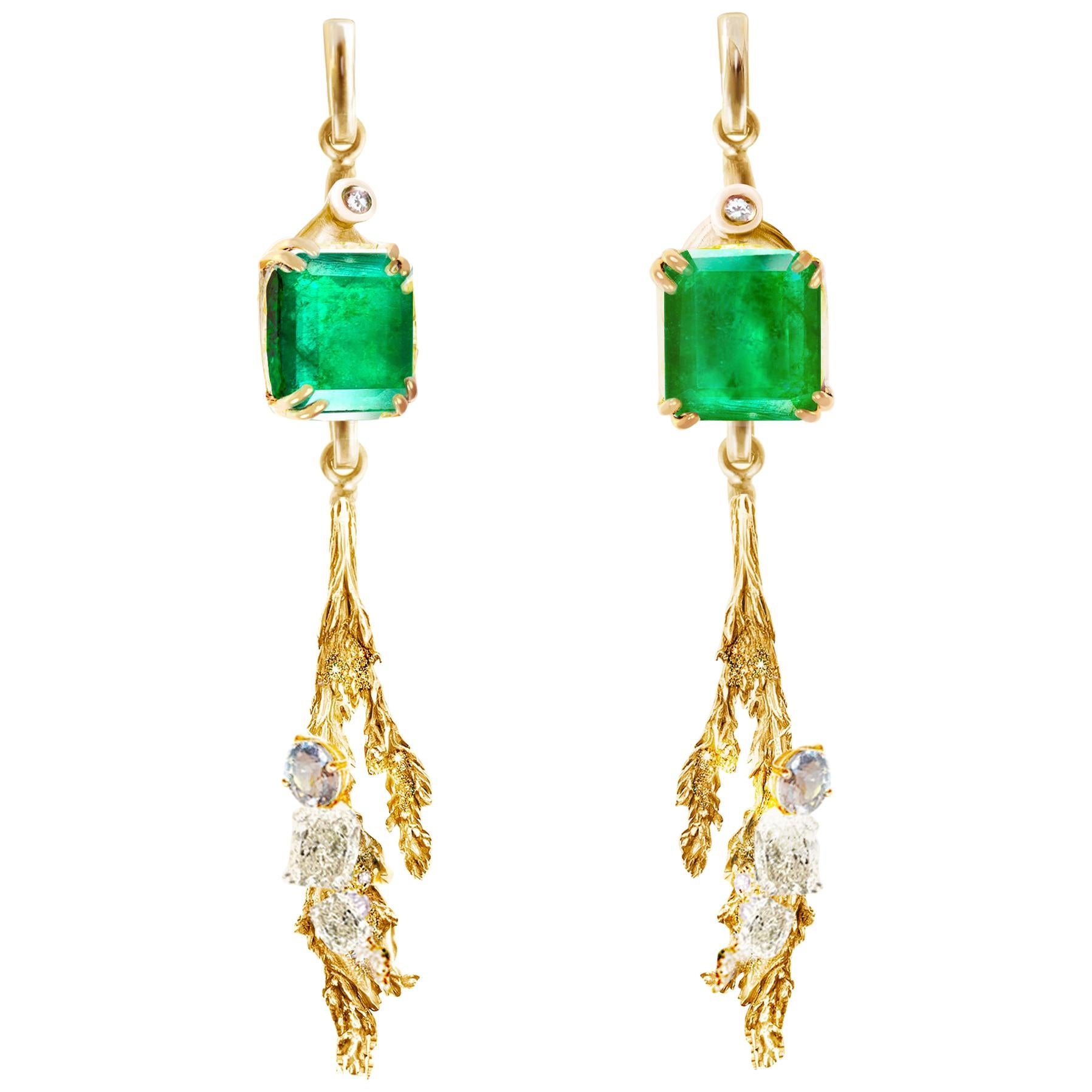 18 Karat Yellow Gold Contemporary Clip-On Earrings with Emeralds and Diamonds