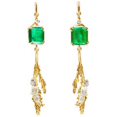 Eighteen Karat Yellow Gold Winter Garden Earrings with Emeralds and Diamonds