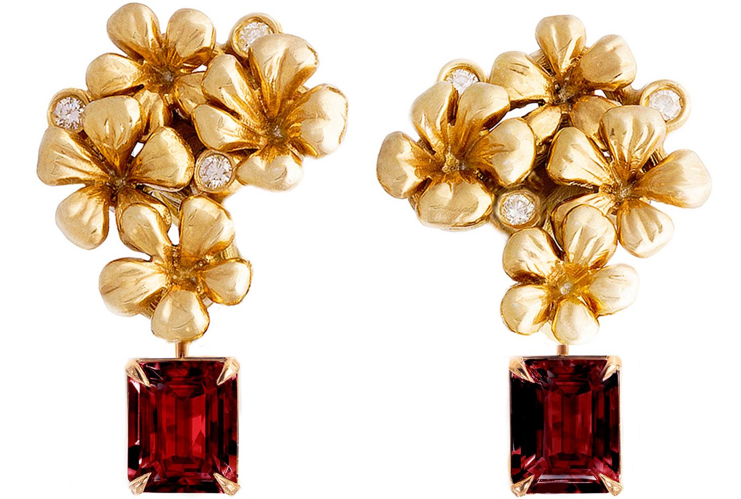 Octagon Cut Eighteen Karat Yellow Gold  Rubies and Diamonds Contemporary Clip-On Earrings  For Sale