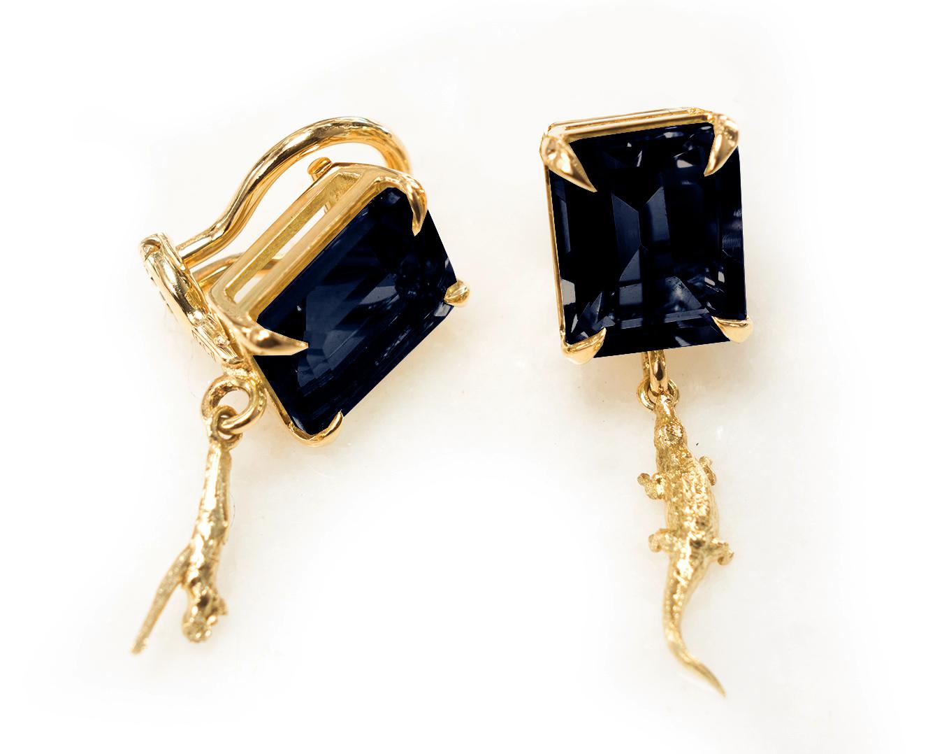 These elegant earrings with octagon-cut dark sapphires are part of the Tea collection, which was featured in Vogue UA. The earrings are crafted from 18 karat yellow gold and designed by the Berlin-based painter and jewelry designer Polya