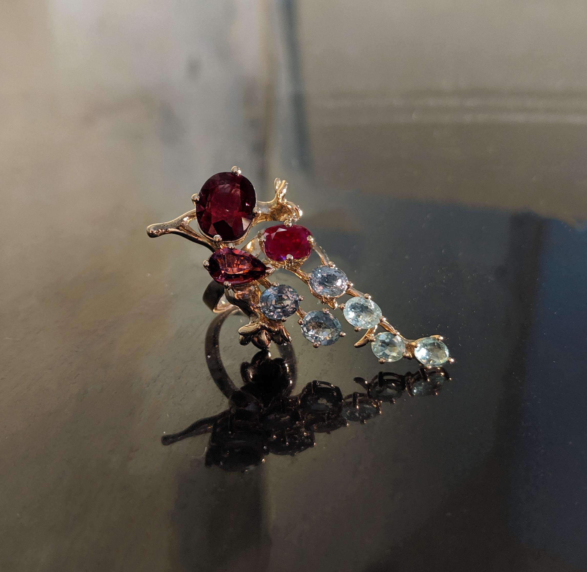Yellow Gold Contemporary Cocktail Cluster Ring with Natural Green Emeralds For Sale 6