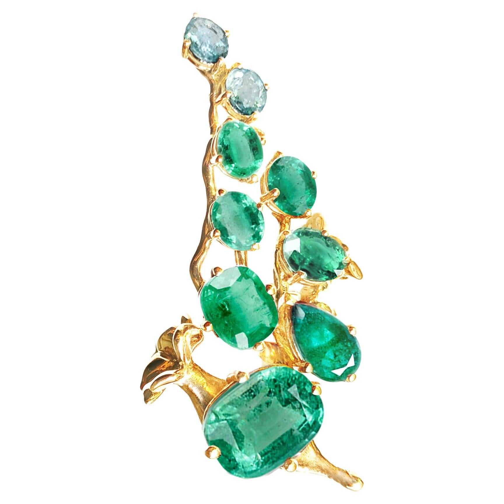 Yellow Gold Contemporary Cocktail Floral Ring with Natural Emeralds For Sale