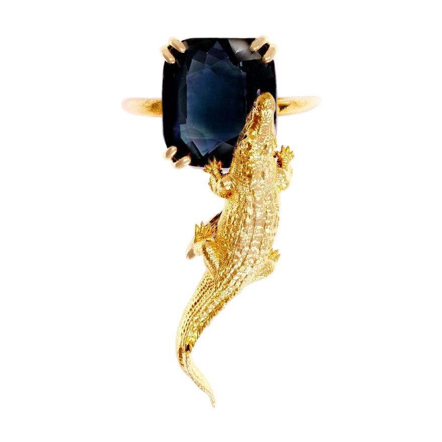 Eighteen Karat Yellow Gold Contemporary Cocktail Ring with Cushion Dark Sapphire For Sale