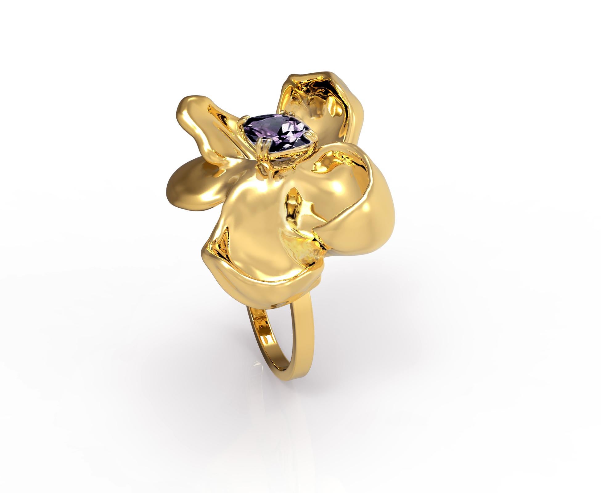 Women's Yellow Gold Contemporary Cocktail Ring with Ink Storm Purple Spinel For Sale