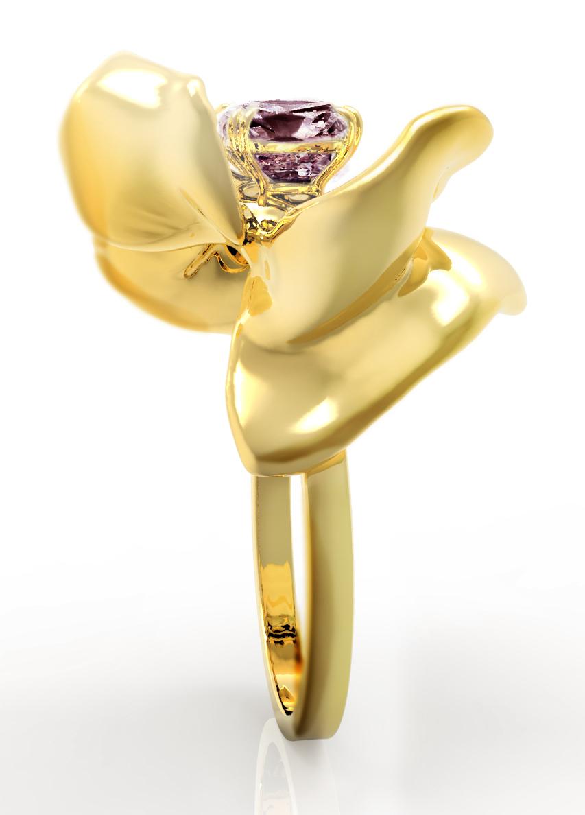 Cushion Cut Eighteen Karat Yellow Gold Contemporary Cocktail Ring with Storm Purple Spinel For Sale