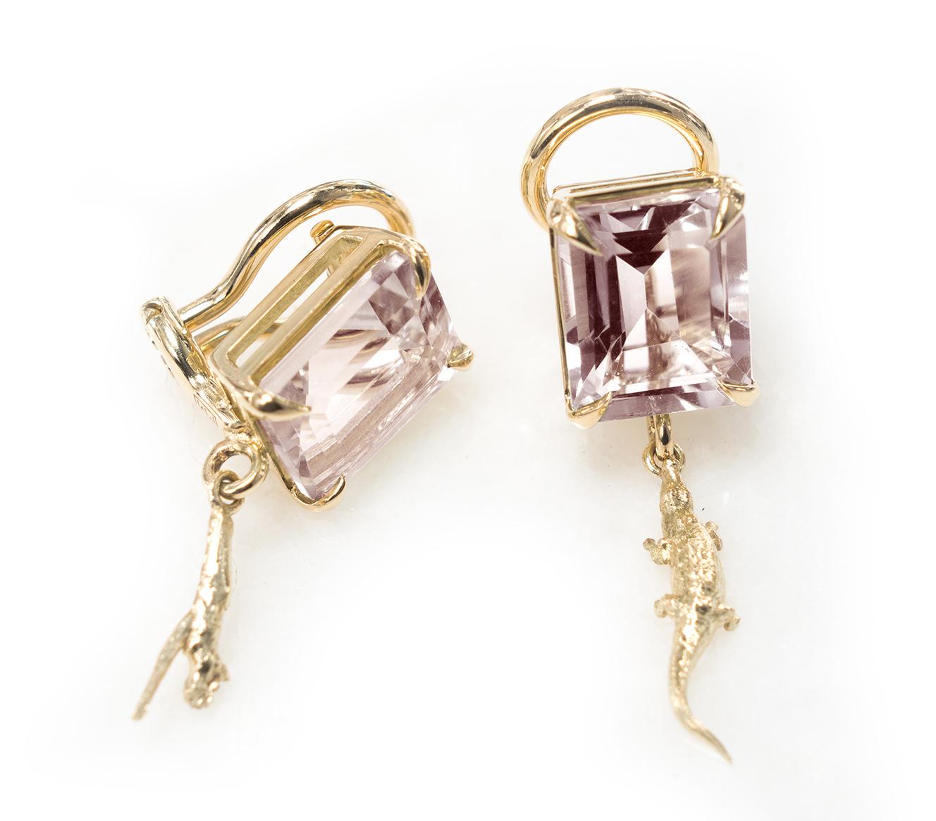 These contemporary Mesopotamia dangle earrings with light pink morganites (9x7 mm each, octagon cut) belong to Tea collection, which was featured in Vogue UA published issue. These earrings are made of 18 Karat yellow gold and designed by the oil