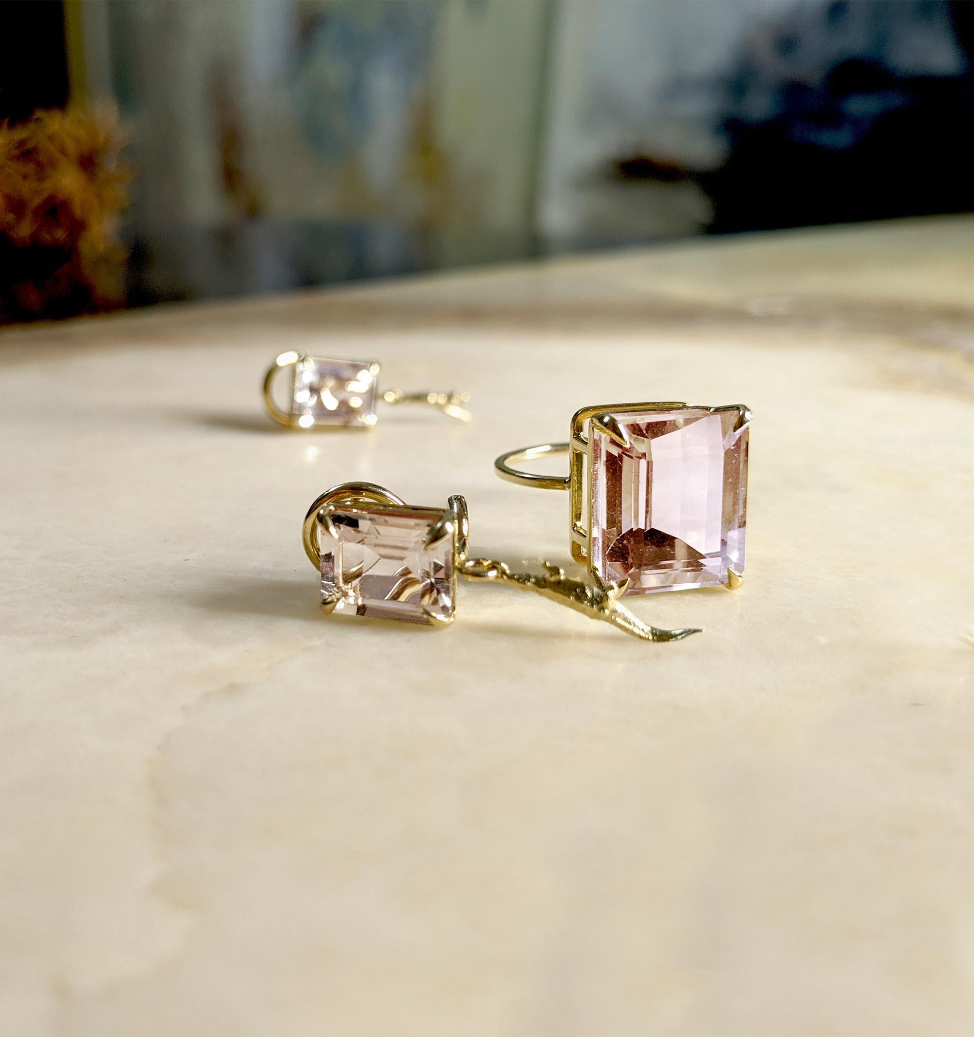Octagon Cut Eighteen Karat Yellow Gold Contemporary Earrings with Light Pink Morganites For Sale