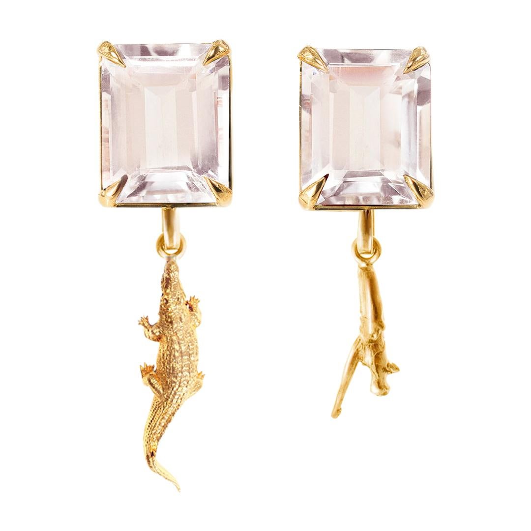 Eighteen Karat Yellow Gold Contemporary Stud Earrings with Light Pink Morganites