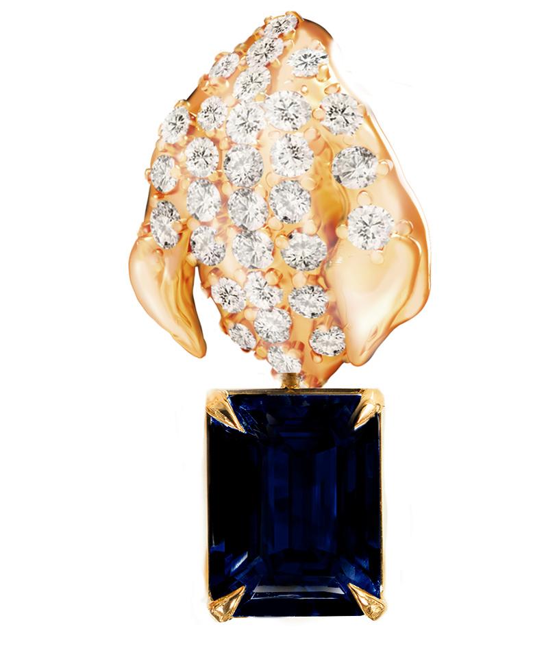 Orecchini pendenti contemporanei in oro giallo con zaffiri e sessantadue diamanti in vendita 9