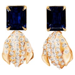 Yellow Gold Contemporary Dangle Earrings with Sapphires and Diamonds