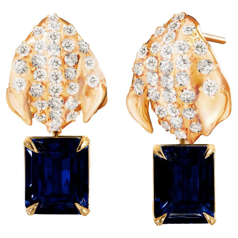 Yellow Gold Contemporary Dangle Earrings with Sapphires and Sixty Two Diamonds For Sale