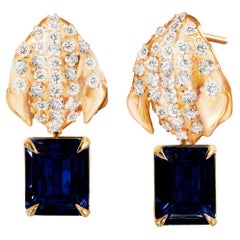 Yellow Gold Contemporary Dangle Earrings with Sapphires and Sixty Two Diamonds