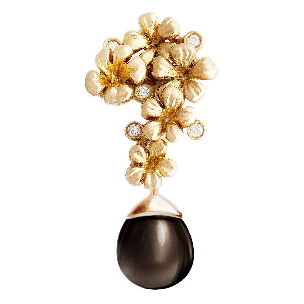 Broche contemporaine en or jaune 18 carats avec diamants et quartz cabochon