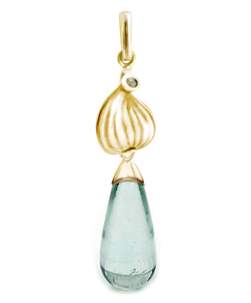 These contemporary drop earrings are made of 18 karat yellow gold with 15.5x6 mm (8.7 carats) natural light sky blue tourmalines and round diamonds. The Fig collection was featured in Vogue UA review and they are designed by the artist and oil