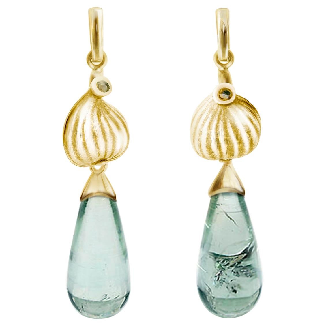 Yellow Gold Contemporary Earrings with Blue Tourmalines and Diamonds For Sale