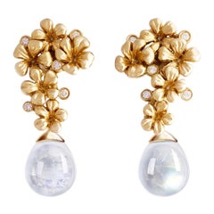 Yellow Gold Contemporary Stud Earrings with Diamonds and Moonstones