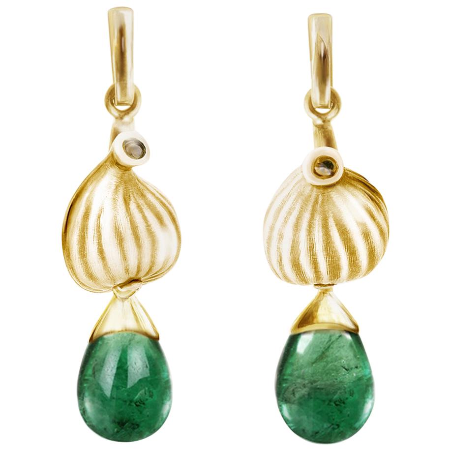 Yellow Gold Contemporary Earrings with Natural Emeralds and Diamonds For Sale