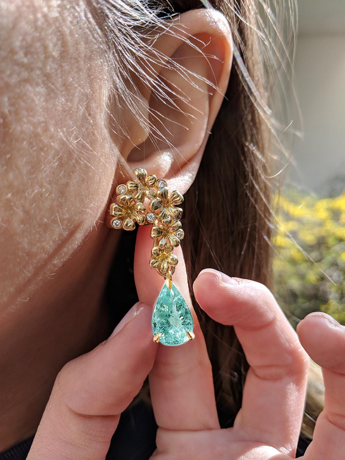 Yellow Gold Contemporary Earrings with Paraiba Tourmalines and Diamonds For Sale 8