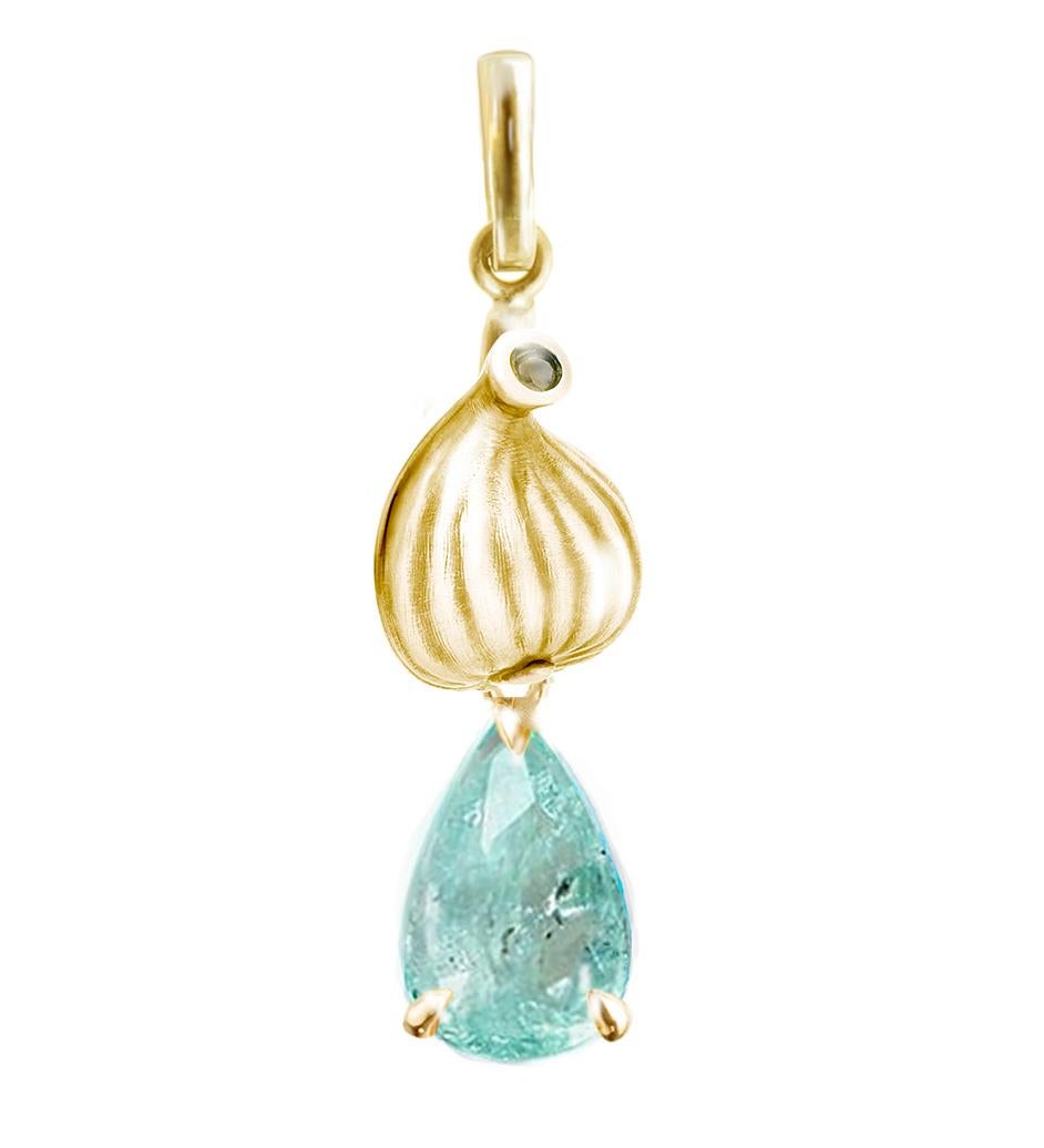 These contemporary drop earrings are made of 18 karat yellow gold with natural paraiba tourmalines in pear cut, 2 carats in total, 8,7x5,4 mm each, and two round black or white diamonds. The Fig collection was featured in Vogue UA review. They are