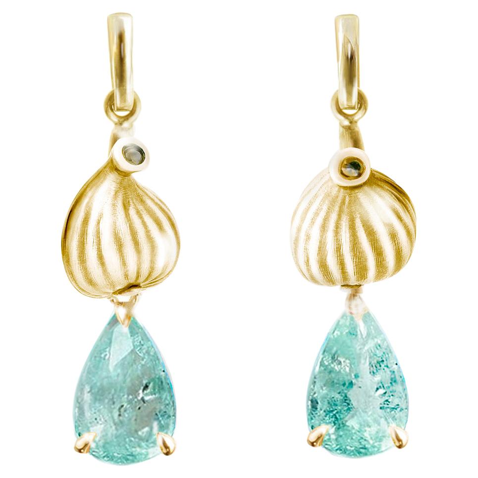 Yellow Gold Contemporary Earrings with Paraiba Tourmalines and Diamonds For Sale