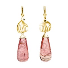 Yellow Gold Contemporary Earrings with Rose Tourmalines and Diamonds