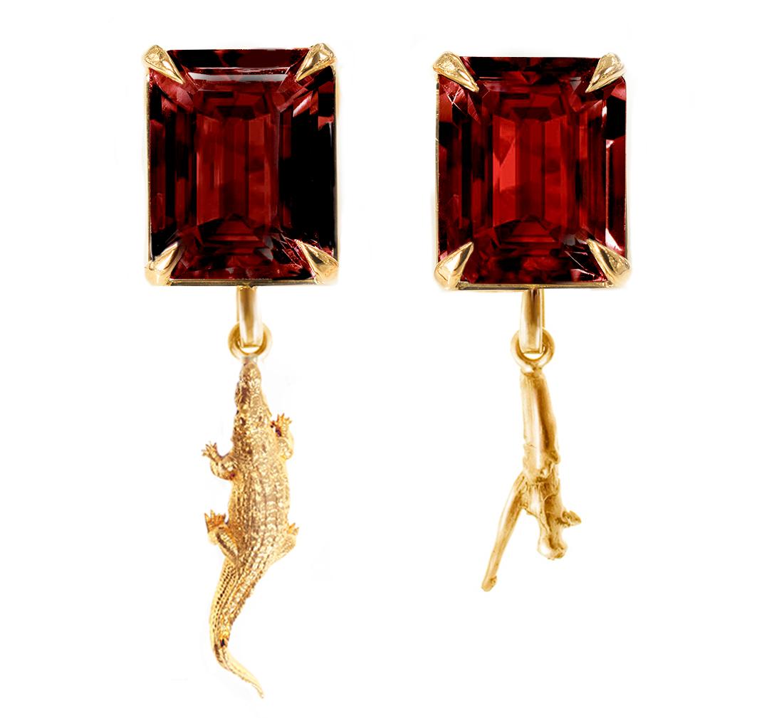 These contemporary stud earrings from the Tea collection feature rectangular-cut rubies measuring 11x9mm each. They are made of 18 karat yellow gold and designed by Berlin-based oil painter, Polya Medvedeva. Because of the size of the gems, the