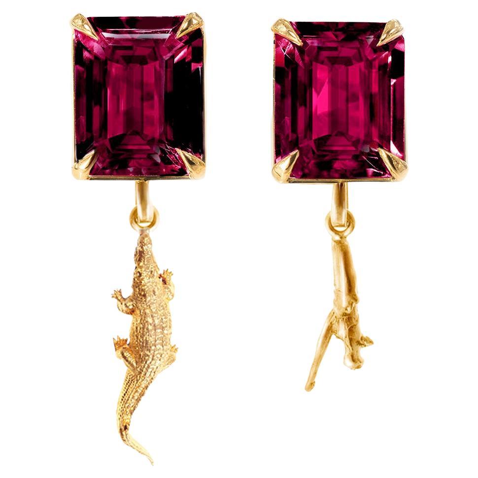 Eighteen Karat Yellow Gold Nature Morte Style Earrings with Vivid Tourmalines For Sale