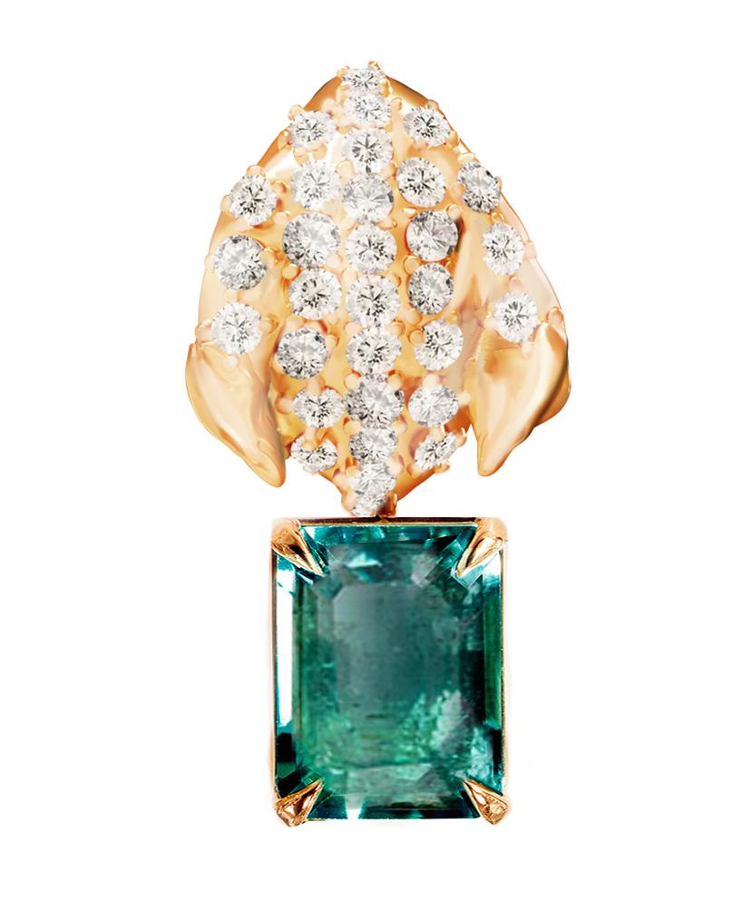 Broche Floral Contemporáneo de Oro Amarillo con Diamantes y Esmeralda en venta 1