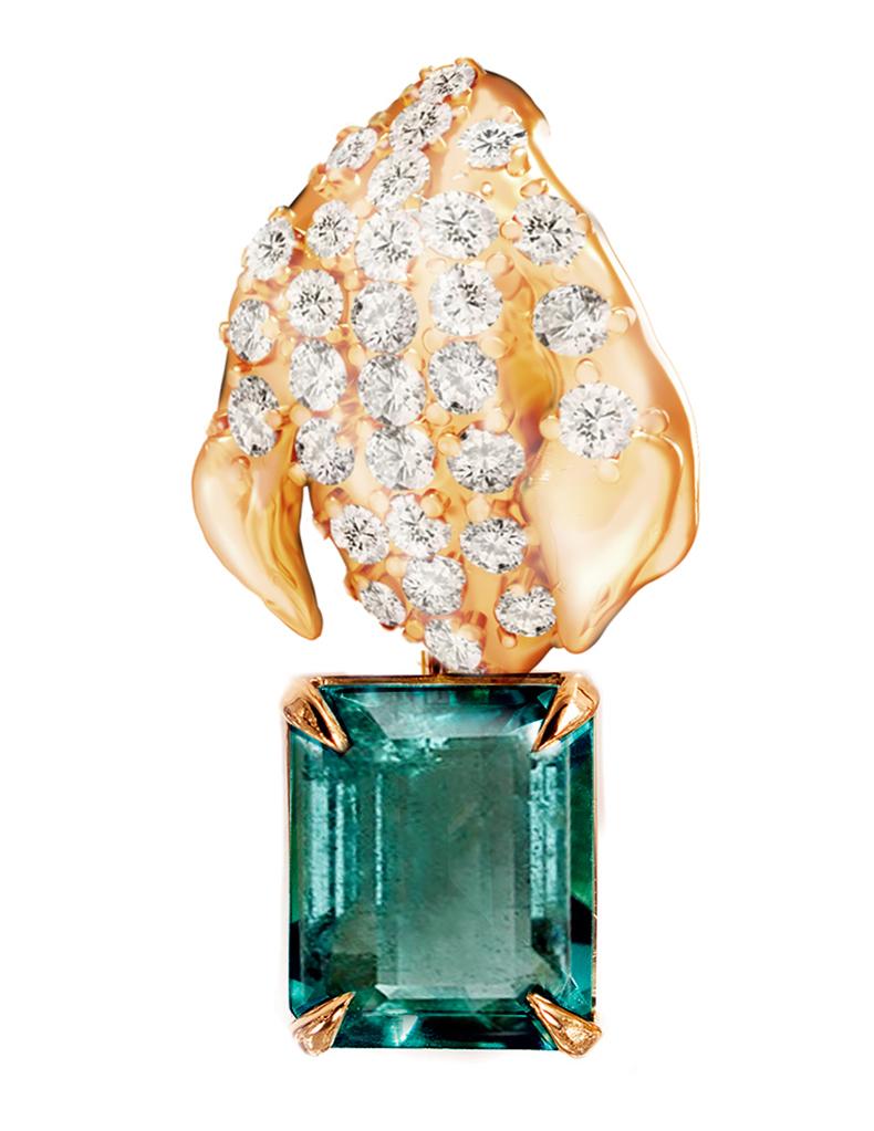 Zeitgenössische florale Brosche aus Gelbgold mit Diamanten und Smaragd im Angebot 4