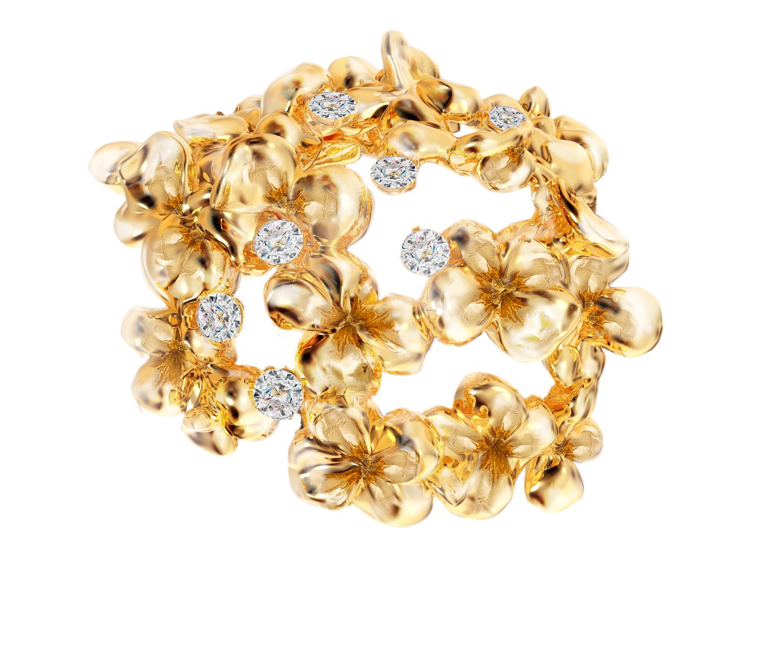 Eighteen Karat Yellow Gold Contemporary Hortensia Brooch with 7 Diamonds For Sale 2