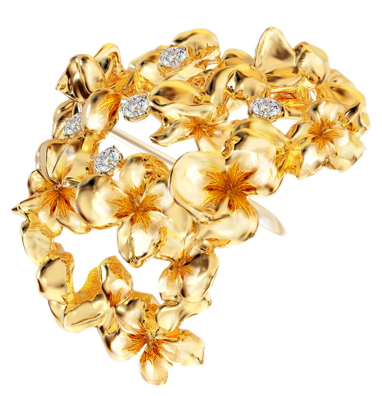 Zeitgenössische Hortensien-Brosche aus achtzehn Karat Gelbgold mit 7 Diamanten im Angebot 3