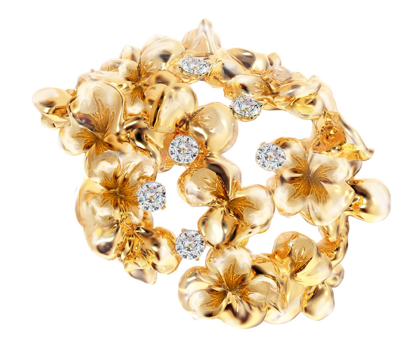 Zeitgenössische Hortensien-Brosche aus achtzehn Karat Gelbgold mit 7 Diamanten im Angebot 4