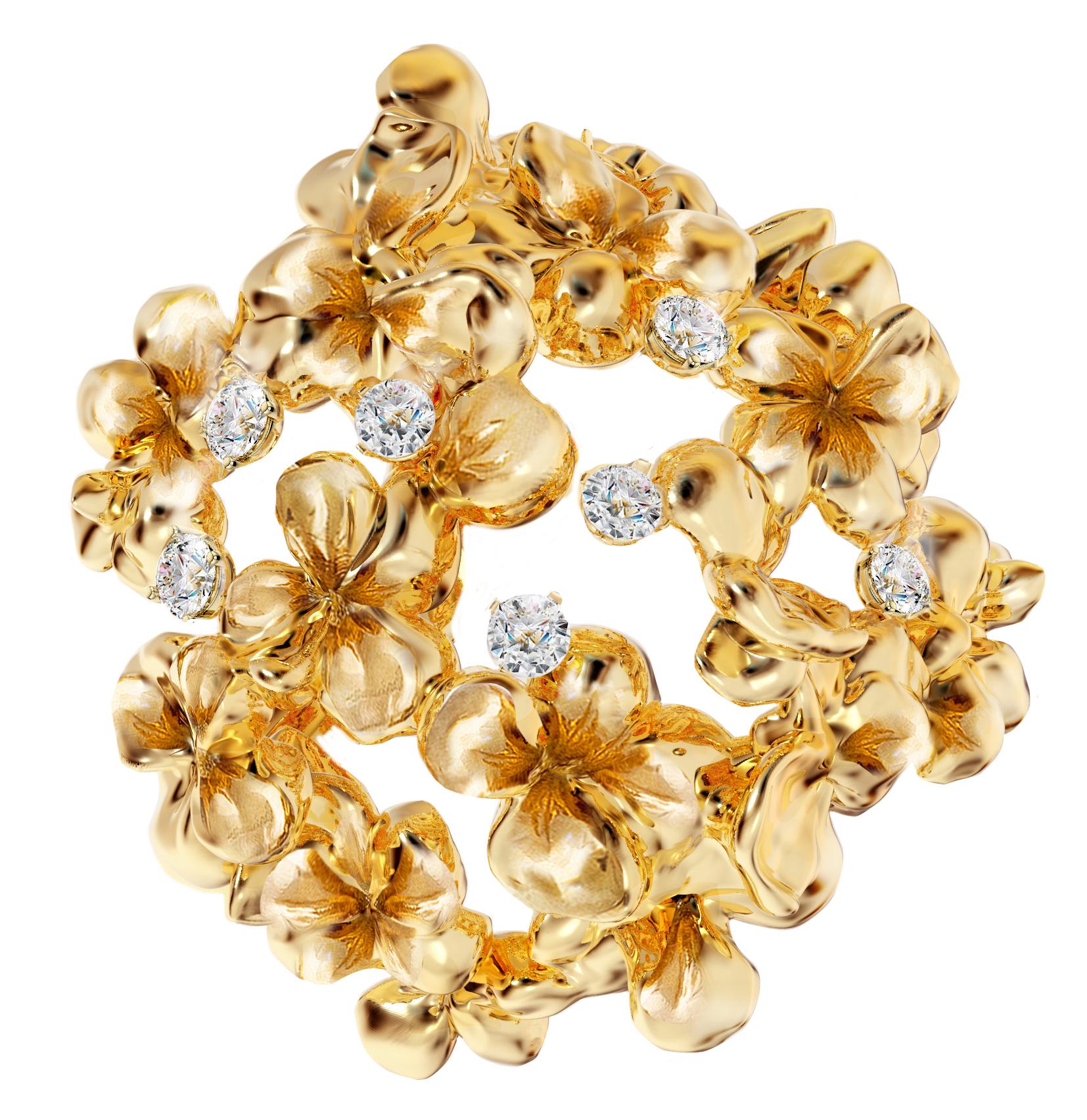 Eighteen Karat Yellow Gold Contemporary Hortensia Brooch with 7 Diamonds For Sale 7