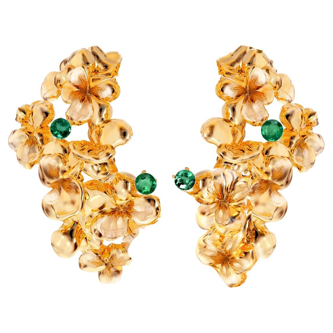 Eighteen Karat Yellow Gold Contemporary Floral Clip-on Earrings with Emeralds For Sale