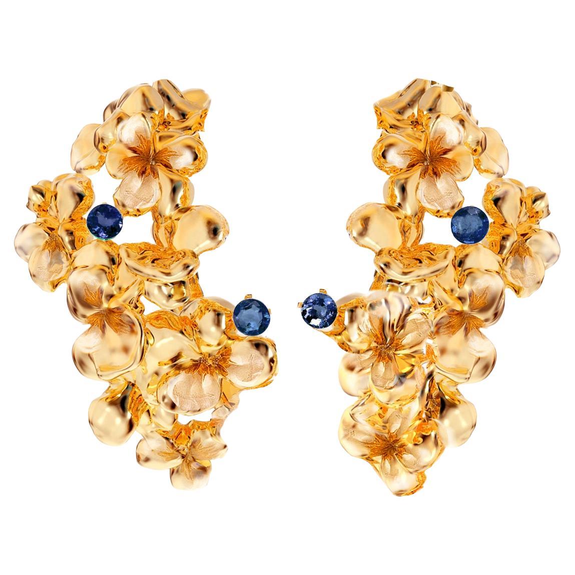 Yellow Gold Contemporary Sculptural Clip-on Earrings with Sapphires For Sale