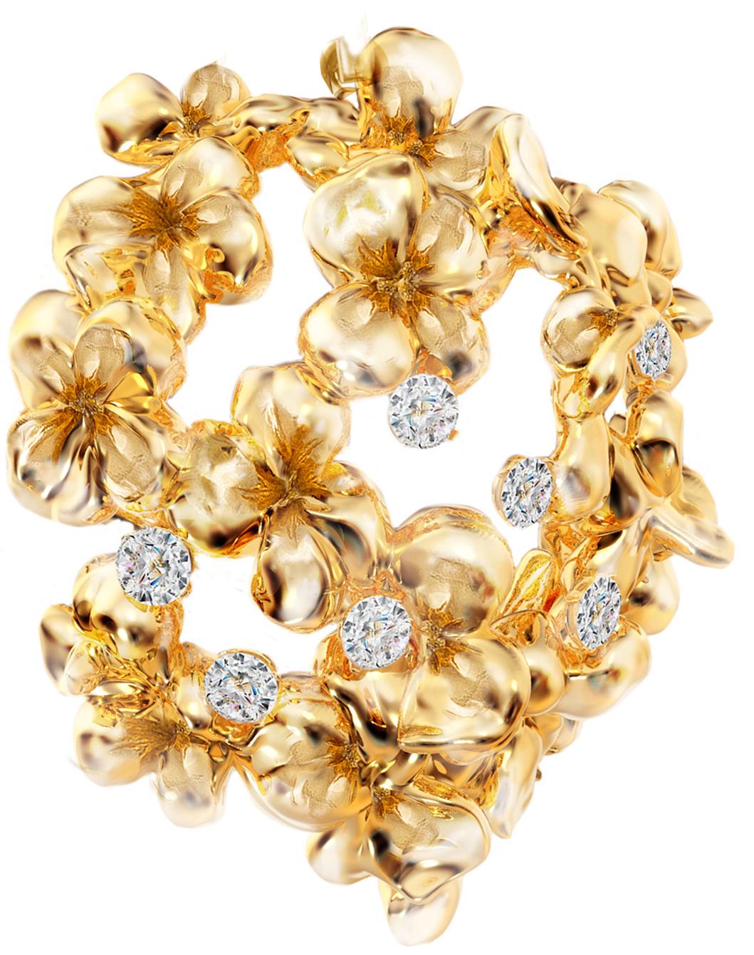 Clous d'oreilles contemporains en or jaune 18 carats avec hortensia et diamants en vente 11
